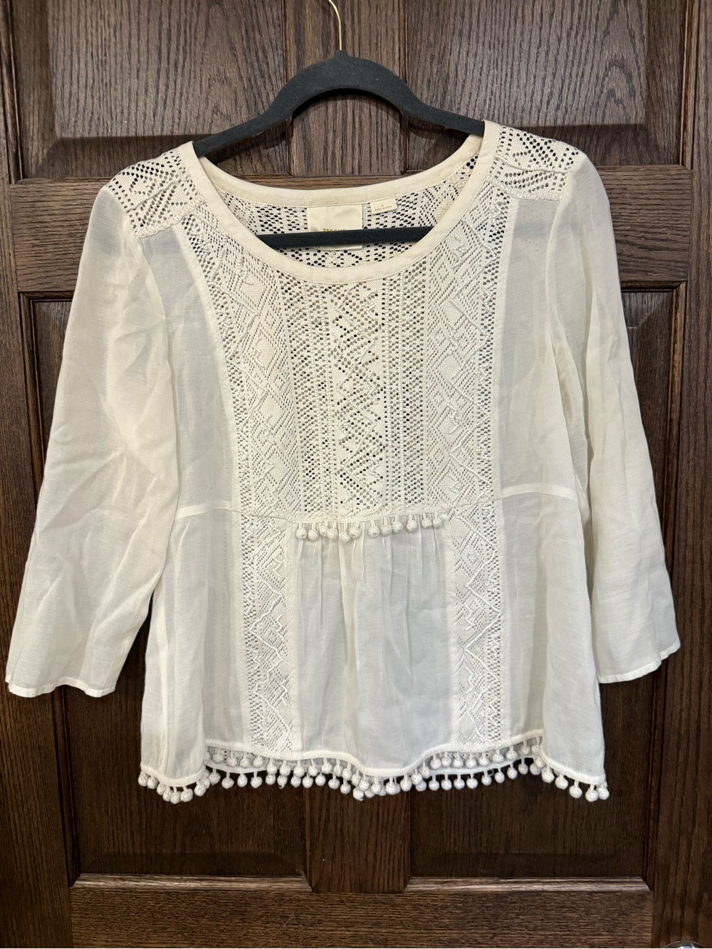 Maeve Anthropologie Boho Crochet-Front Beaded Cream Women's Top Size 6